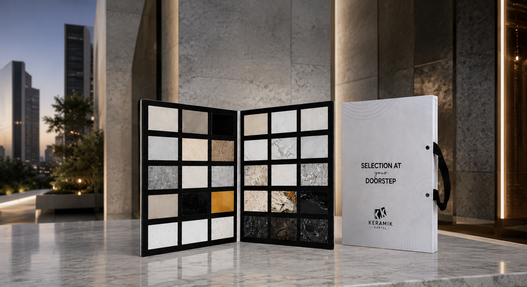 The Keramik Kartel Touch & Feel Sample Kit open to reveal real cut tile swatches